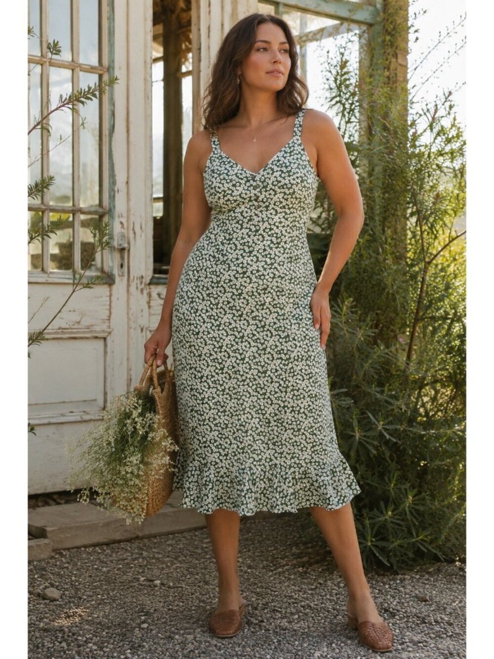 Lulus Darling Daisies Midi Dress Sz Medium Green Daisy Floral Sundress Boho